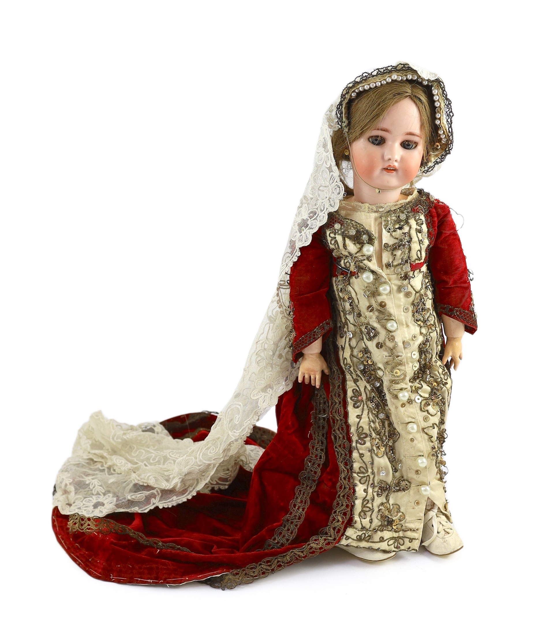 A Simon & Halbig bisque doll, mould 1078, sleeping eyes and open mouth, jointed wood and composition body, sequinned cream and red velvet dress, 19in.